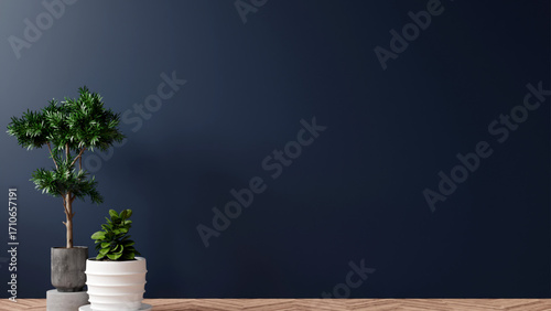 green plant in flowerpot on wooden table, website background Photo