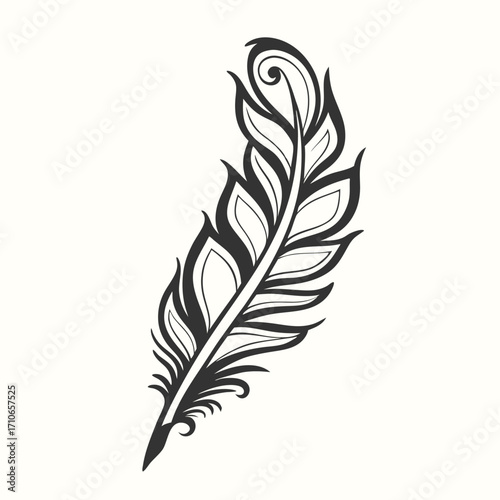 Decorative feather with black vintage line art gracefully curving against a soft backdrop