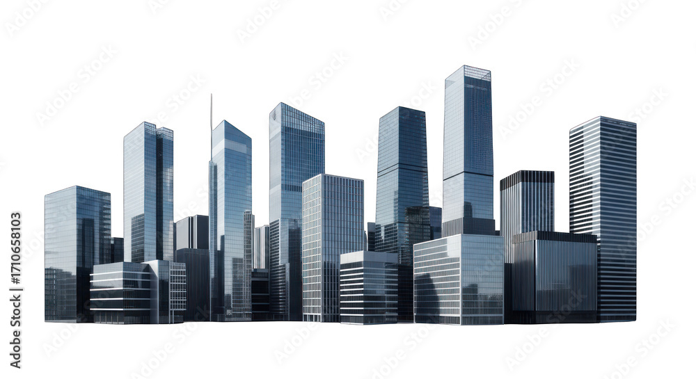 Fototapeta premium Modern Cityscape with Glass Skyscrapers Against White Background.