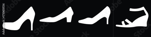 Art & IllustrationLadies shoes icon set.Stylish high heel silhouettes, women's fashion footwear collection,Outline and white stiletto icon set.Leather shoes heel icon flat simple icon set.