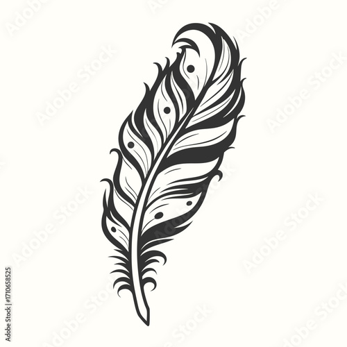 Detailed art displays intricate feather plumage in grayscale with ornate designs