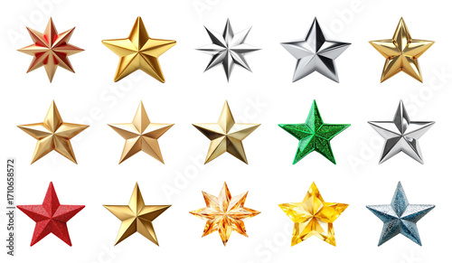 PNG Colorful metallic stars collection, element set on transparent background