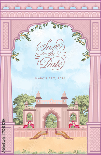 Traditional Indian palace backdrop, ornate archway, lush greenery, peacocks, and lotus flowers in soft pastel tones, can be used as save the date invitation card.