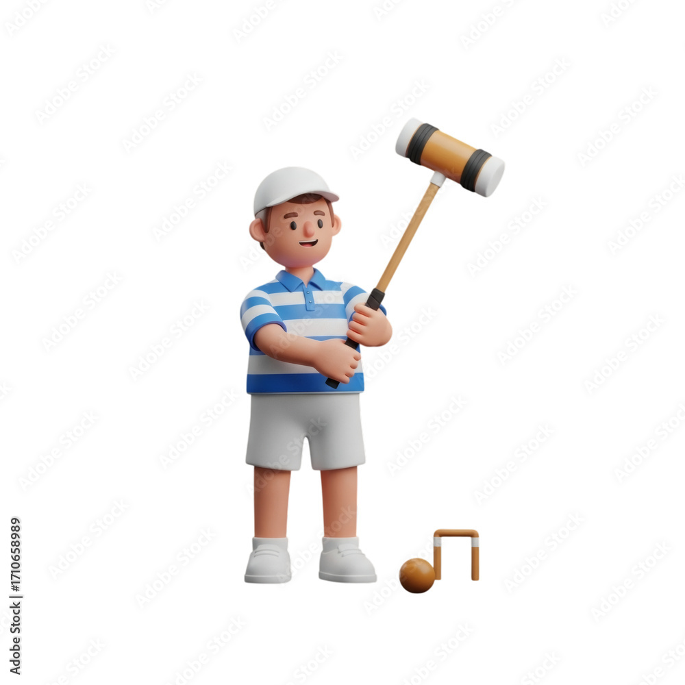 3D croquet player, poised with his mallet and focused on the game, transparent background 3D croquet player, poised with his mallet and focused on the game, transparent background