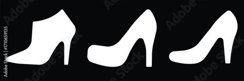 Art & IllustrationLadies shoes icon set.Stylish high heel silhouettes, women's fashion footwear collection,Outline and white stiletto icon set.Leather shoes heel icon flat simple icon set.