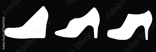 Art & IllustrationLadies shoes icon set.Stylish high heel silhouettes, women's fashion footwear collection,Outline and white stiletto icon set.Leather shoes heel icon flat simple icon set.