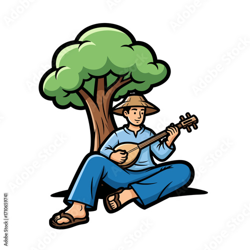 Farmer sitting under tree, playing a traditional stringed folk instrument while resting under a shady tree