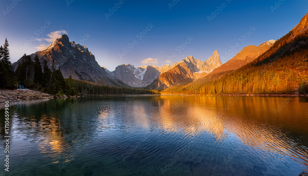 Fototapeta premium Majestic Peaks And Serene Lake An Awe Inspiring Vista Of Towering Mountain Peaks And A Serene Lake Basking In The Golden Glow Of The Sun Evokes A Sense Of Wonder