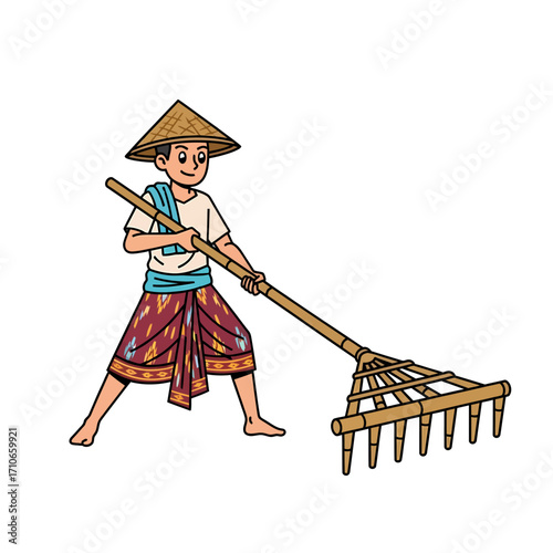 Traditional Farmer Working with Rake Illustration