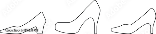 Art & IllustrationLadies shoes icon set.Stylish high heel silhouettes, women's fashion footwear collection,Outline and white stiletto icon set.Leather shoes heel icon flat simple icon set.