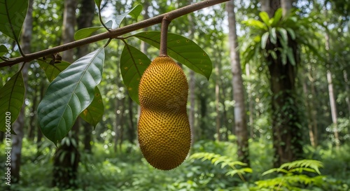 Unripe Artocarpus integer fruit, also known as Cempedak, hanging from its branch amidst lush tropical foliage