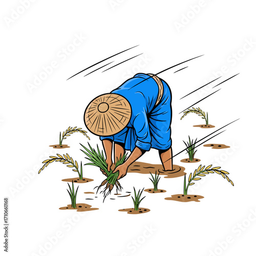 Asian Farmer Using Mortar and Pestle for Rice Processing
