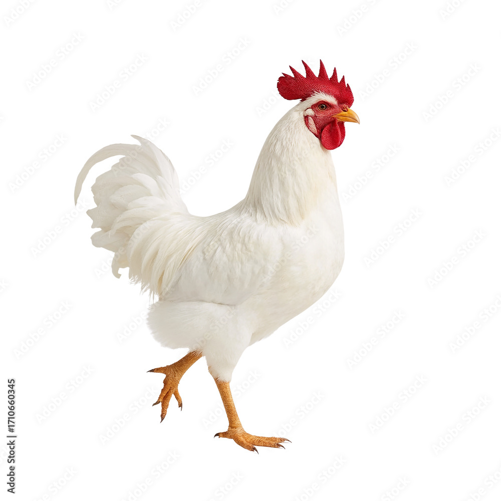 Fototapeta premium Elegant poultry portrait: White rooster in striking pose against stark black backdrop