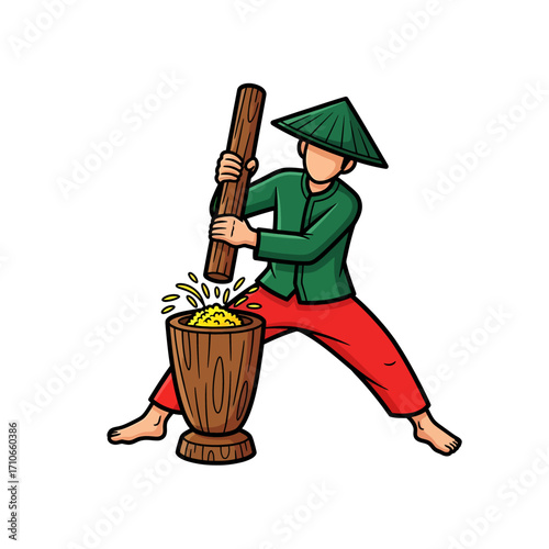 Asian Farmer Using Mortar and Pestle for Rice Processing