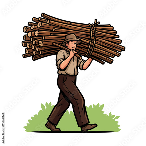 Man Carrying Bundle of Firewood on Shoulder Through Grassy Field