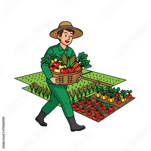 A happy farmer carries a woven basket full of freshly harvested organic vegetables from his lush green garden