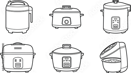 Various types of rice cookers and slow cookers line art vector