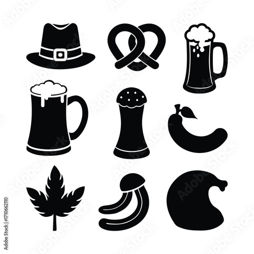 Black Vector Silhouettes of Oktoberfest Icon Beer, Pretzel, Sausage & Hat