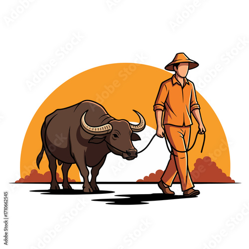 Traditional farmer gently guiding his mighty water buffalo, an iconic image of rural life, diligent labor, and the enduring bond between humans and working animals