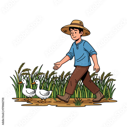 A charming cartoon illustration of a young farmer in a straw hat guiding his two white ducks through a lush and bountiful rice paddy field