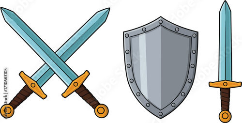 "Cartoon Swords and Shield Clipart – Medieval Weapon Icons for Games and Designs"