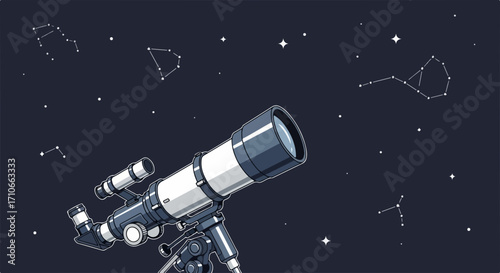 Captivating constellation illustration with telescope and clear starry night, creating celestial sky observation. Constellation illustration, telescope bring clear night view of cosmos.