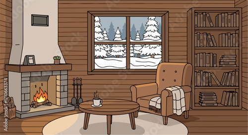 Cozy winter scene shows fireplace with crackling flames and inviting armchair with warm blanket. Cozy winter scene illustrates comforting space, books, and soothing view of snowy landscape.