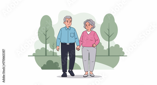 Senior couple walking in park, strolling hand in hand during retirement years. Happy senior couple sharing affection as they walk through park. Ideal senior couple lifestyle and romance for health,