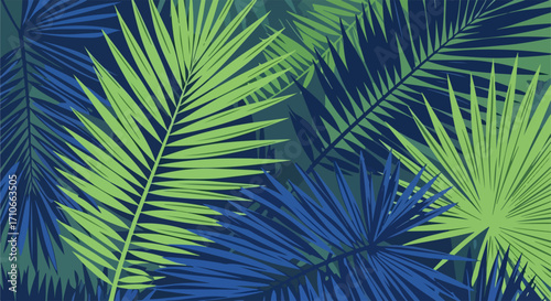 Tropical leaf background featuring green and blue palm leaves, an exotic plants wallpaper, and foliage backdrop. Tropical leaf background with detailed fronds creates a natural pattern on dark teal.