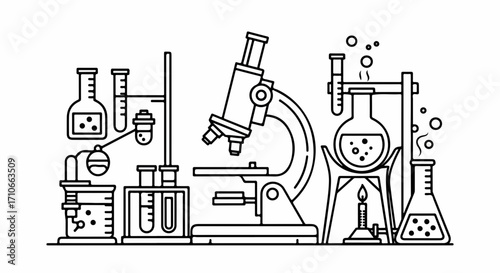 Science lab equipment illustrated with beakers, flasks, and microscope. Science lab instruments displayed in minimal black and white line drawing for use in scientific research and education,