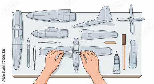 Model airplane construction scene showcases airplane model parts being assembled. Assembling airplane model kit with tweezers and glue depicts skill hobby.