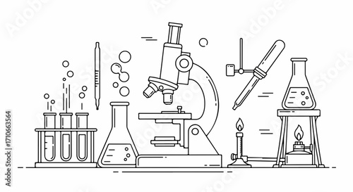 Scientific research represented by chemical lab equipment and microscope in detailed outline. Scientific research setup illustrates a scene with glassware, burner, and test tubes.