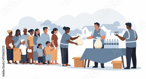 Food distribution setup with diverse crowd of people receiving food aid, symbolizing community support. Food distribution volunteers are assisting families and individuals in need,