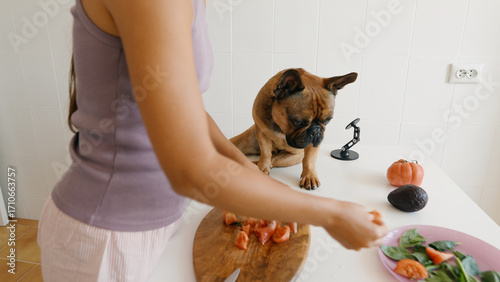 Cooking in the Kitchen with a Curious and Playful Dog Observing the Whole Process