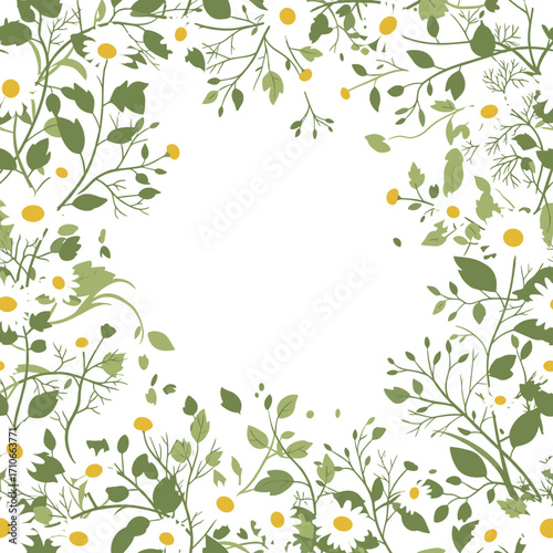 Delicate white daisies and lush green foliage frame a bright central space.
