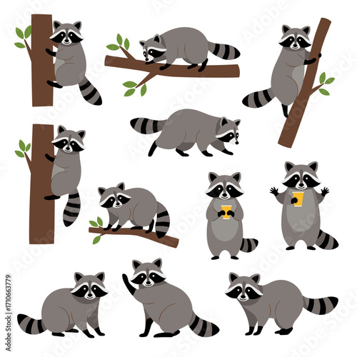 A collection of cute cartoon raccoons engaged in various activities including climbing trees and holding cups.