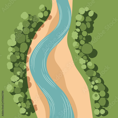 An aerial view of a winding river flowing through a green landscape with trees on either side.