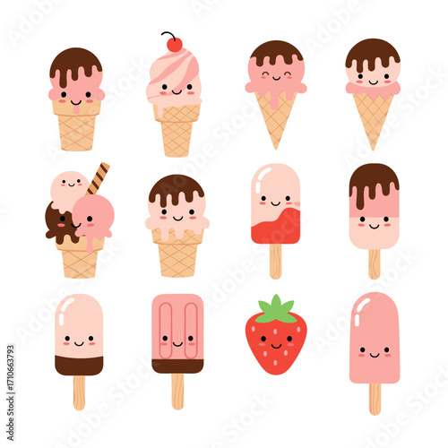 A collection of cute and colorful ice cream cones and popsicles with happy faces in a variety of flavors and styles making a delightful summer treat assortment.