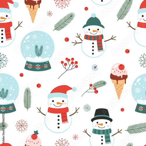 A festive holiday pattern featuring cheerful snowmen wearing scarves and hats along with ice cream cones and winter foliage.