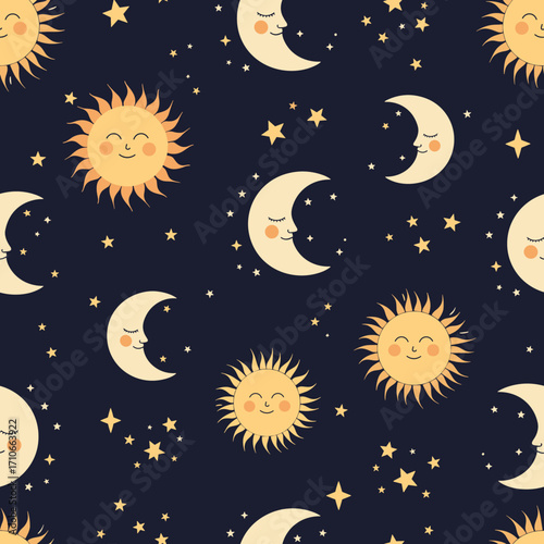 A celestial tapestry featuring a charming array of smiling moons and radiant suns set against a deep starry night sky.