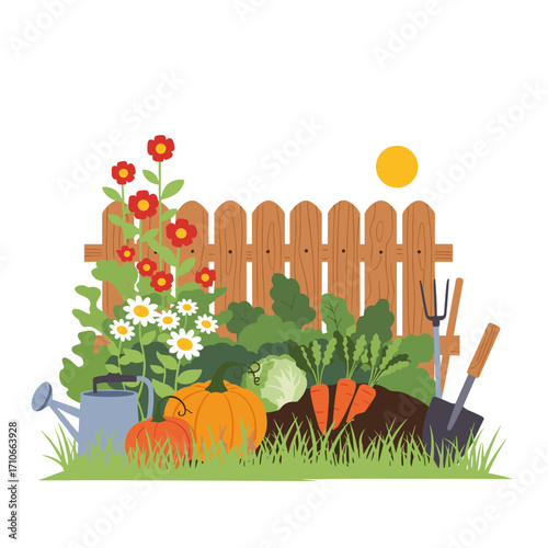 A vibrant and bountiful garden scene with a wooden fence and gardening tools.