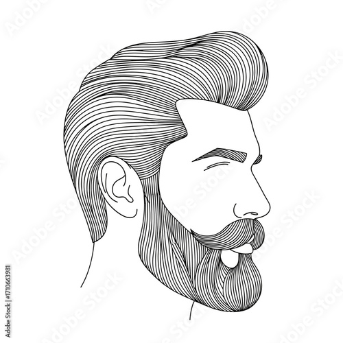 A stylized line art drawing of a man with a prominent beard and hair.