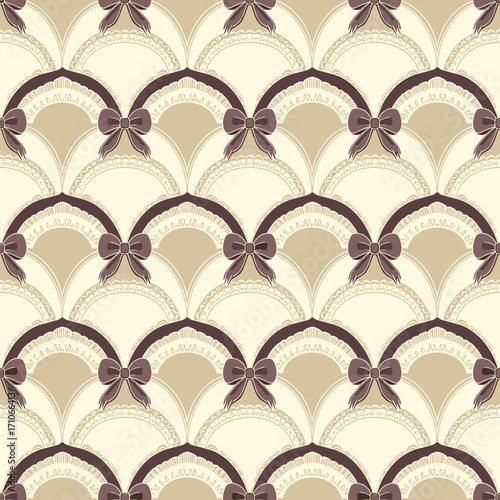 A delicate vintage fan pattern with lace trim and small bows.