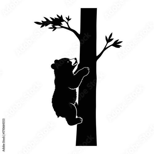 Black silhouette of a bear cub climbing a tree trunk with branches
