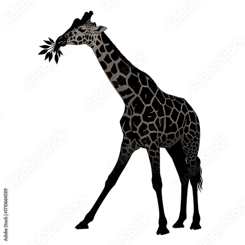 Giraffe eating leaves on a white background
