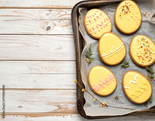 Easter egg-shaped cookies on a baking sheet