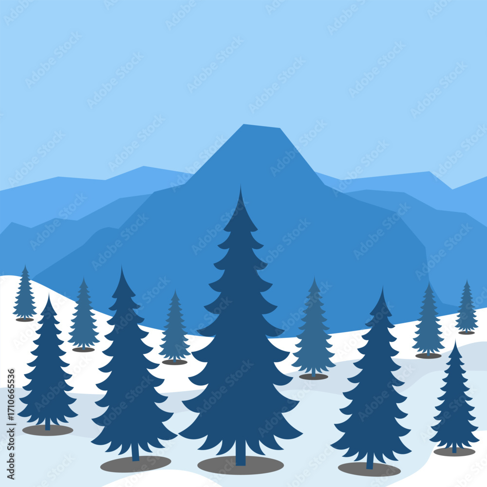 Fototapeta premium Winter Mountain Landscape with Pine Trees. Vector Illustration. Vector illustration of a serene winter landscape with tall pine trees standing on snow covered hills.