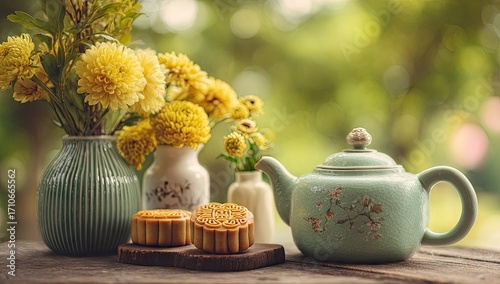 Wallpaper Mural Tea Time Serenity - Flowers, Teapot, and Mooncakes on a Wooden Table. Torontodigital.ca