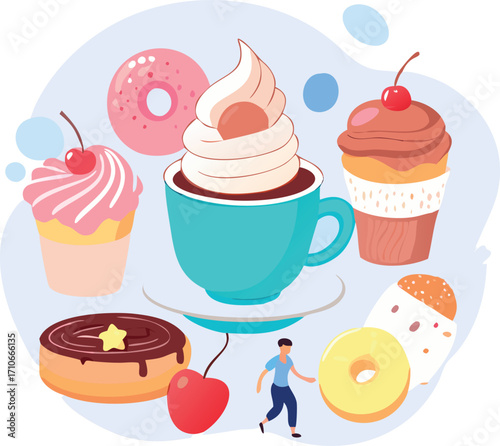 An arrangement of delicious sweet desserts, including donuts, cupcakes, and coffee with whipped cream.