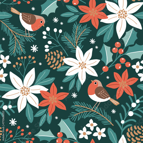 Wallpaper Mural Seamless vector pattern with cute robin on winter floral background. Hand drawn Christmas foliage with poinsettia, berry and pine branch. Perfect for textile, wallpaper or nursery print design. EPS10  Torontodigital.ca